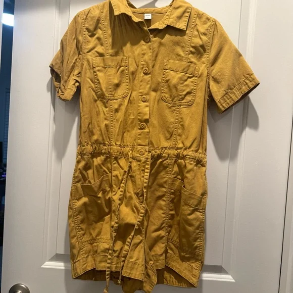 Old Navy Short-Sleeve Button Romper in Mustard - Picture 2 of 6